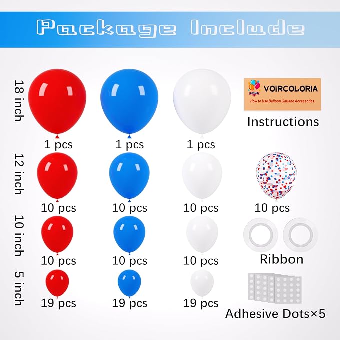 Voircoloria 130pcs Red White Blue Balloons Different Sizes 18" 12" 10" 5" Party Latex Balloons for Birthday Graduation 4th of July Independence Day Anniversary New Year Holiday Party Decorations