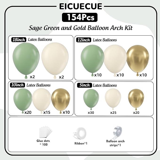 Sage Green Balloons Garland Arch Kit - 5 10 12 18 inch Different Size Sage Green White Sand Gold Balloons for Wedding Bridal Shower Birthday Anniversary Bachelorette Theme Party Decorations