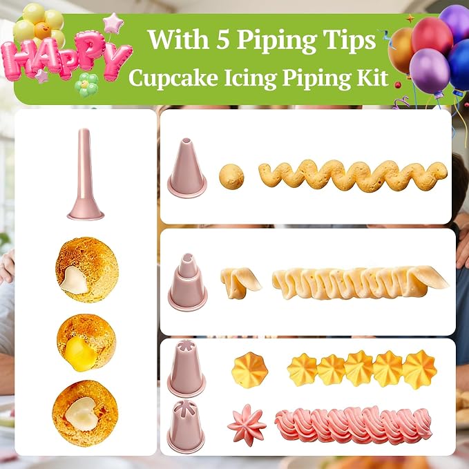 Suuker Cake Decorating Gun, Cupcake Icing Piping Kit, Cake Decorating Kit with 5 Piping Tips, Cupcake Injector/Decorating Icing Set, Pink