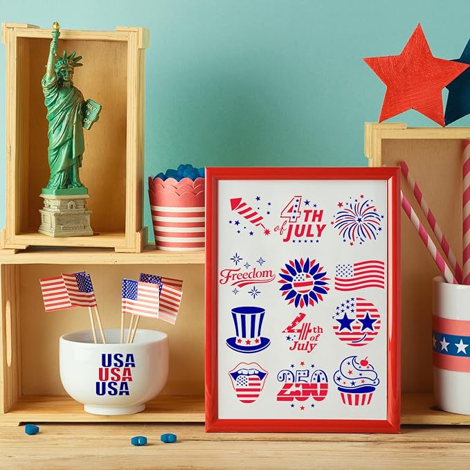 36PCS 4th of July Stencils for Painting,2.8" Cakes Cookies Templates Reusable for Baking,1776 American Independence Day Stencil for Flag Painting Dessert Coffee Patriotic Party Decoration