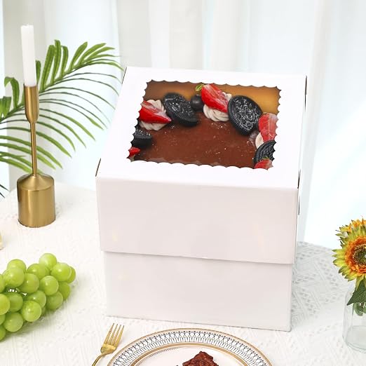 Moretoes 6 Pack 12x12x12 Inches Tall Cake Boxes with Boards for Tier Cakes, Thick Sturdy Bakery Box with Window for Valentine's Day, Mother's Day, Birthday, Wedding, Party