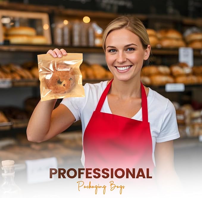 100 Pack Cookie Bags with Seal, 7.1x7.5 Inch Heat Sealable Bakery Bags with Window Grease Resistant Paper Packaging Sleeves for Bake Sale Bagel, Cake Slice, Sandwich, Donut, Pastry