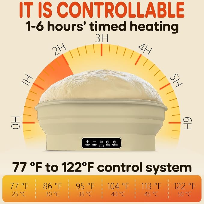 Upgraded Electric Heated Silicone Dough Proofing Box with Reliable Timer & Precise Temp Control - Fast Fermentation Collapsible Proofer Bowl (4L,Oval)