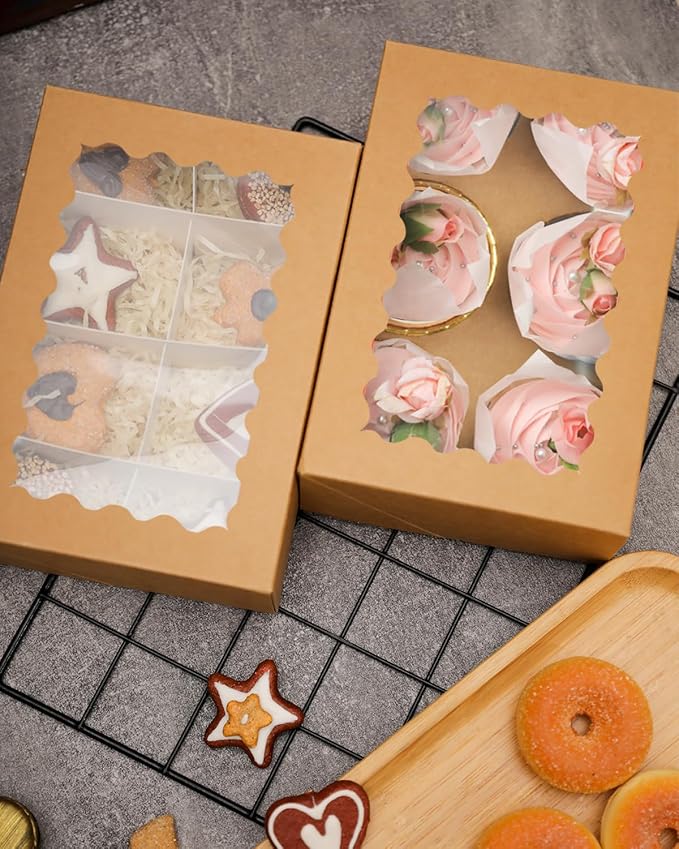 qiqee Auto-pop Up Cupcake Boxes with Window Brown 100PCS 6 Count Cupcake Box 9.4"x6.1"x3" Cupcakes Carrier, 6 Cupcake Containers