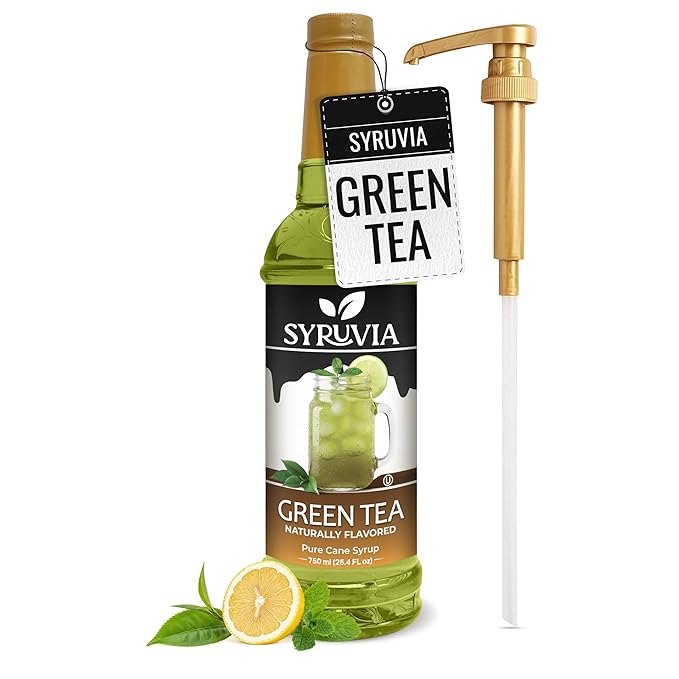 Syruvia Green Tea Syrup, Naturally Flavored Syrup for Teas, Drinks, Lemonades, Iced Teas, and Desserts – 25.4 fl oz - with Pump