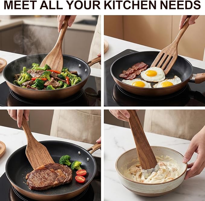 4 Pcs Acacia Wooden Spatula Set Non Toxic Kitchen Utensil Set Slotted Turner Flat Wood Wok Spatulas for Cooking Spoon Kitchen Spurtle Bamboo Cooking Utensils Fish Egg Flipper Spatula Cast Iron Scraper