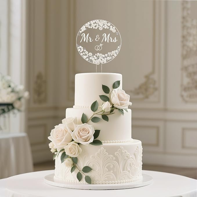 Coucoland Mr and Mrs Cake Topper - Acrylic Wedding Cake Decor with Pearls and Rhinestones for Engagement Bridal Anniversary