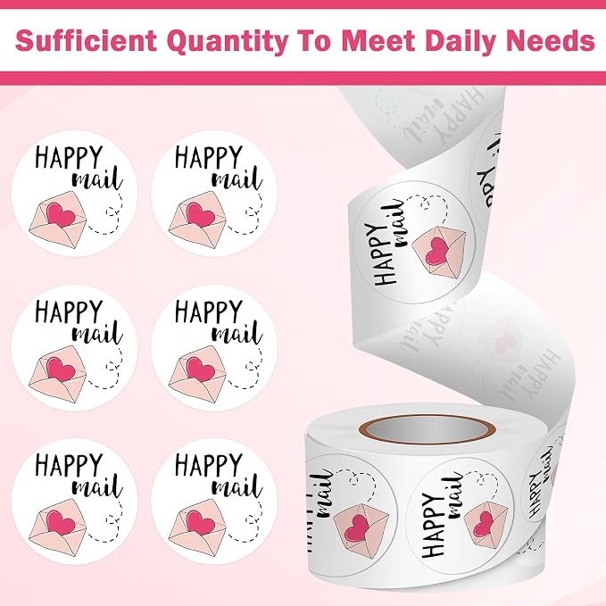 Louise Maelys 1.5 Inch Happy Mail Stickers 500 Pcs Lables for Mail Decorations for Envelopes, Crafts, Scrapbooking Easy Peel & No Residue