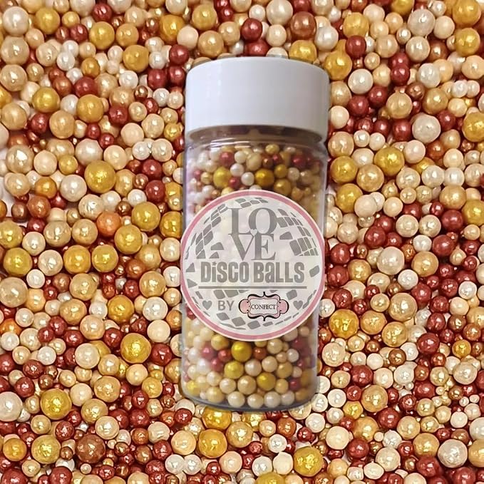 Confect Sprinkles - Love Disco Ball Sprinkles – Gold, Copper & White Pearl Mix – Edible Cake Decorating Balls for Cupcakes & Desserts – Vegan, Gluten-Free, Nut-Free, Soy-Free, Dairy-Free, Palm Oil-Free -4.2 Oz
