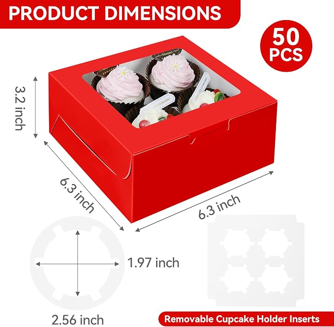 50-Set Cupcake Boxes Bulk with Clear Display Window Hold 4 Standard Cupcakes, Disposable Food Grade Red Cupcake Carrier Cupcake Container, Perfect for Cupcakes Muffins Cookies Pastries