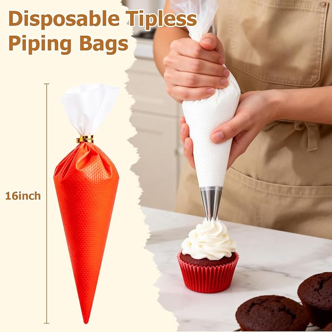 Tamodan Piping Bags Disposable 16 Inch, 100PCS Pastry Bags Extra Thick, Non-Slip Anti-Burst Frosting Bags for Cake, Cookie & Royal Icing Decorating