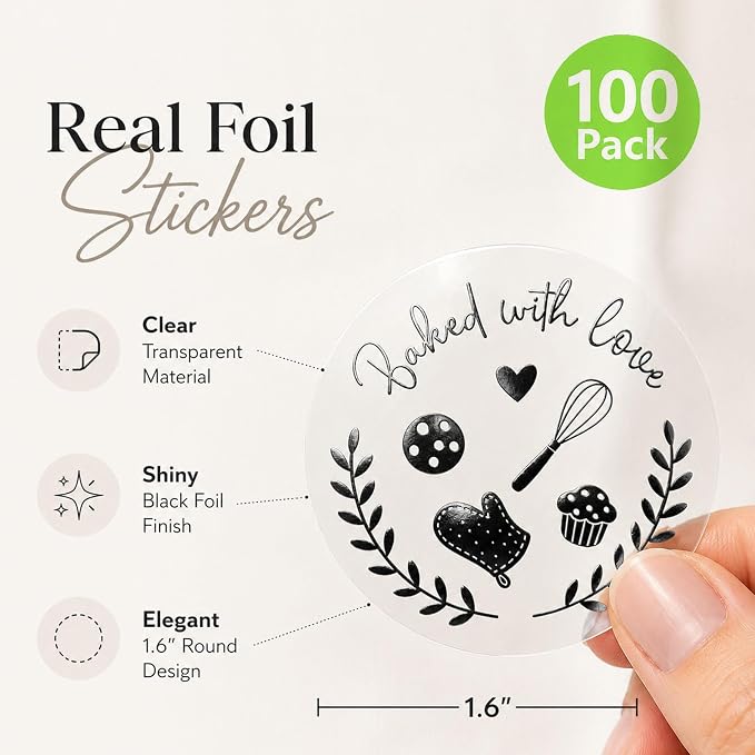 100 Baked with Love Stickers, Bakery Stickers, Baking Stickers & Cookie Stickers for Homemade Treats, Sourdough Bread, Pastry Packaging, Clear Black Foil Labels for Gift Bags & Small Business, 1.6''