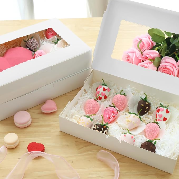 TOMNK 7pcs Cookie Boxes, 12x8x2.5 Inches White Bakery Boxes with 3 Style Window for Chocolate Strawberries, Breakable Heart, Pastries, Desserts, Cake Pops & Treats, Great Gift for Mom