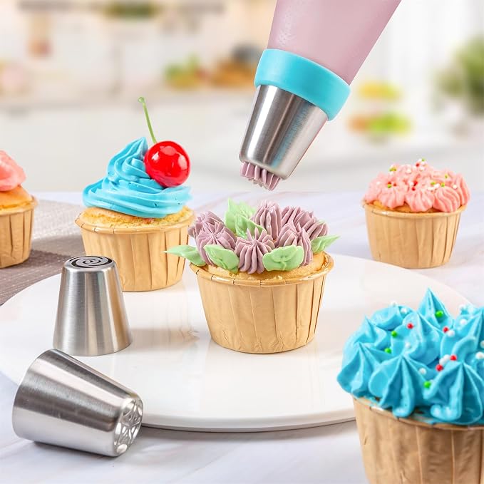 Russian Piping Bags with Nozzles 54 Pieces, Cake Accessories with Piping Nozzles, Stainless Steel, Piping Bag for Cupcakes, Cakes, Decorating Cakes