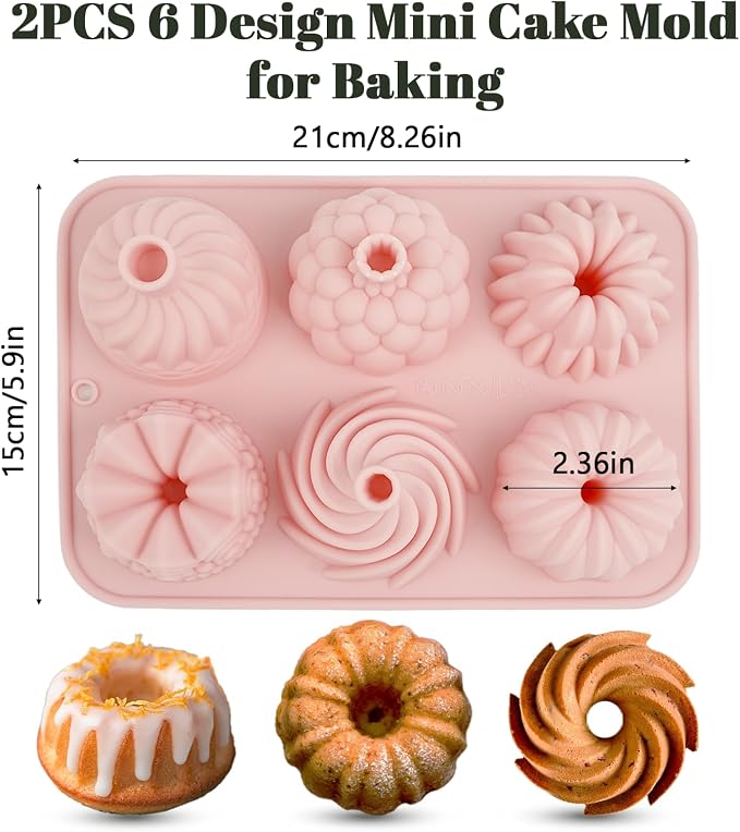 2Pcs Mini Cake Pans for Baking, 6-Cavity Fluted Tube Cake Pan Non-Stick, Silicone Molds for Baking, Cake Pan for Cupcakes, Donuts, Cornbread, Brownies, Jellies