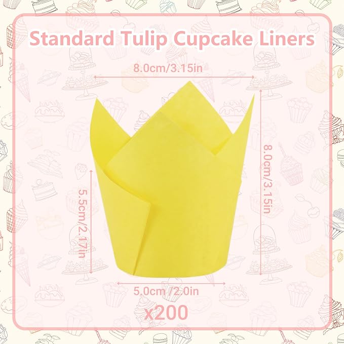 200 Pcs Yellow Tulip Cupcake Liners for Baking, Standard Size | Standard Greaseproof Tulip Muffin Liners for Baking, 3oz Yellow Paper Cupcake Wrappers for Party Wedding Birthday