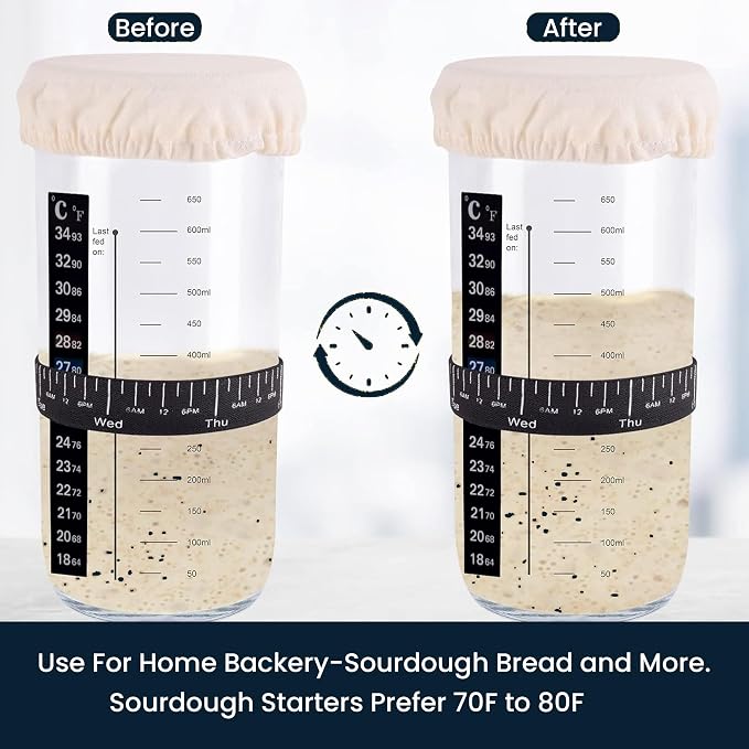 Upgraded Sourdough Starter Jar Kit –24 oz Glass Jar with Date Marked Feeding Band, Thermometer, Scraper, Cleaning Brush & Measuring Cups, Complete Bread Baking Supplies