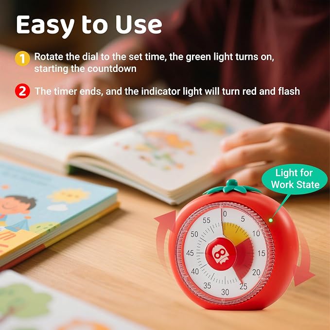 Magnetic Visual Timer, 60-Minute Countdown for Kitchen Classroom Homework | 4-Color Zone Dial with Cute Design, Kids Timer with Pomodoro Mode Time Management Tool for ADHD, Cooking & Baking