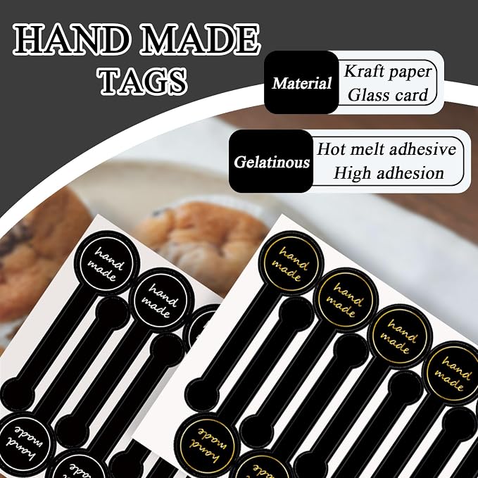 500pcs Handmade Food Baking Seal Stickers, Black Foil Self Adhesive Bakery Stickers, 3.9in Long Strip Tamper-Proof Packaging Sealing Labels for Lollipop Cake Cookie Bread