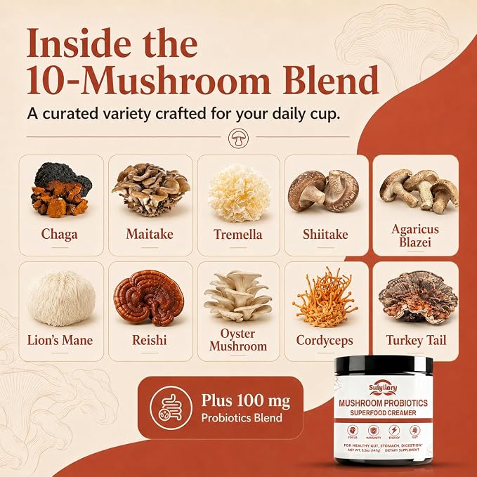 Suiyilary Mushroom Probiotic Coffee Creamer, 10 Mushrooms Creamer with Probiotics, Lion’s Mane, Cordyceps, Reishi, Turkey Tail, Shiitake for Gut, Digestion, Gluten Free 21 Serving