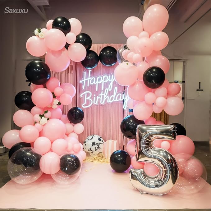 Pink and Black Balloon Arch Kit, Black Pink Balloons Garland Arch Kit, Macaron Heart Latex Balloons, Gold Silver Confetti Balloon For Girl Women Birthday Valentine's Day Mother's Day Party Wedding