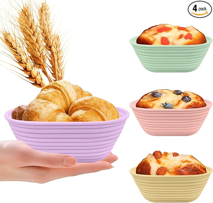 4Pcs Mini Silicone Banneton Bread Proofing Baskets, 6.5" Sourdough Banneton Proofing Baskets, Non-Stick Oval Dough Proofing Bowl Contain