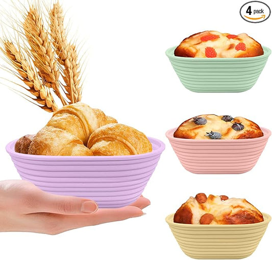 4Pcs Mini Silicone Banneton Bread Proofing Baskets, 6.5" Sourdough Banneton Proofing Baskets, Non-Stick Oval Dough Proofing Bowl Contain
