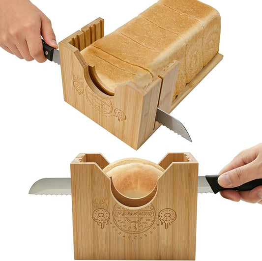 2-in-1 Bamboo Bagel & Bread Slicer Adjustable Thickness | Bamboo Cutting Guide, Manual Bread Slicer with Removable Extension Board for Homemade Bread, Bagels & Long Loaves
