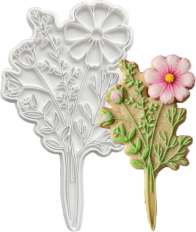 Birth Flower Cookie Cutter October Cosmos 3D Embosser Stamp with Detailed Petal Texture - Birth Month Flower Fondant Biscuit Baking Tools - Personalized Birthday Mom Gift Party Decorating 4"