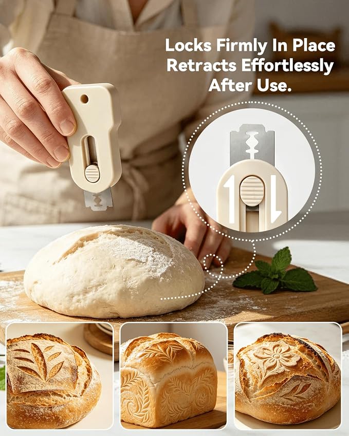 Solid Walnut Wood Bread Bow Knife & Bread Lame Set | Adjustable Bread Slicer for Even Slices, Ultra Sharp Serrated Fiddler Knife for Artisan Sourdough, Homemade Loaves & Cakes, Ergonomic Design