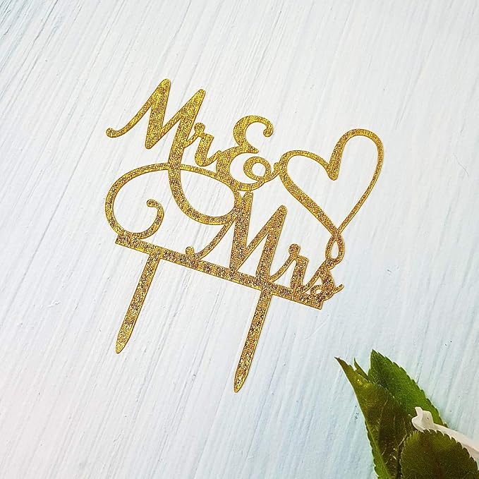 Mr and Mrs Cake Topper, Bride and Groom Sign Wedding / Engagement Cake Toppers Decoration, Gold Glitter Acrylic