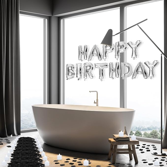 Black and Silver Happy Birthday Balloons Decorations Happy Birthday Letter Balloons Banner with 24pcs Flameless LED Candles and 2000pcs Artificial Rose Petals for Women Men Room Party Decor