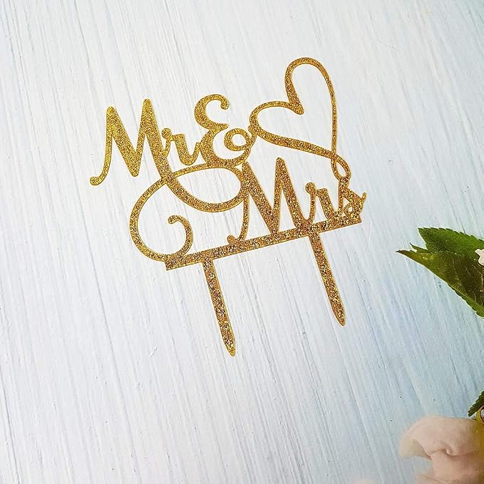 Mr and Mrs Cake Topper, Bride and Groom Sign Wedding / Engagement Cake Toppers Decoration, Gold Glitter Acrylic