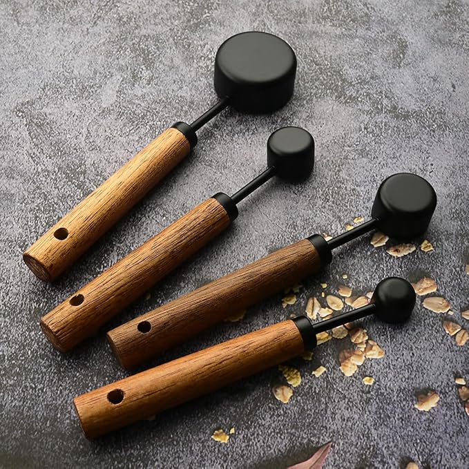 8 pieces Black Measuring Cups Set and Measuring Spoons Set with Scale, BRIIEC Wooden Handle Stainless Steel Dry & Liquid Measuring Cup for Cooking Baking