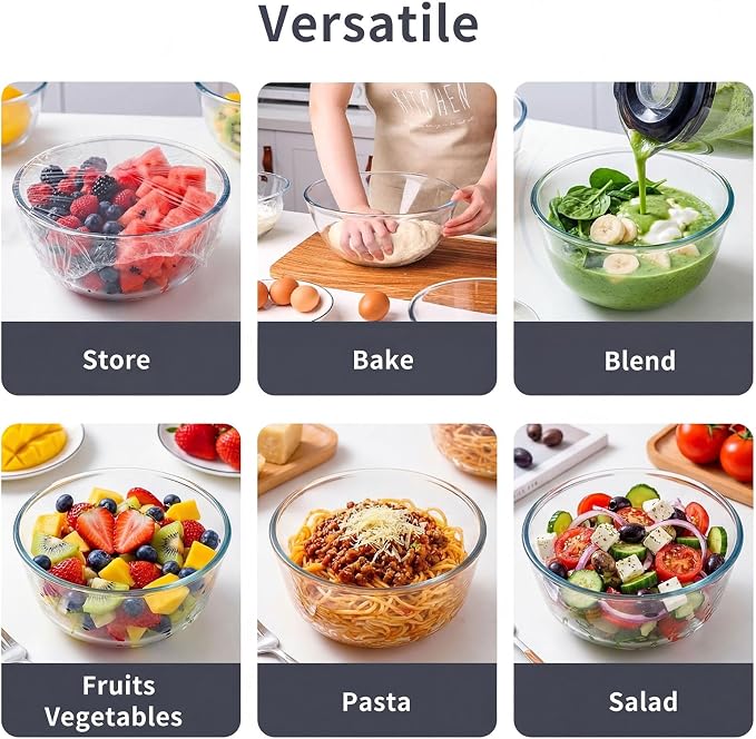 Glass Mixing Bowls with Lids Set(4.68 QT+ 2.89 QT+ 1.1QT)-Large Glass Mixing Bowls, Clear Salad Bowl for Baking, Cooking, Serving, Food Prep, 3PC Nesting Bowls for Kitchen Storage & Dishwasher Safe