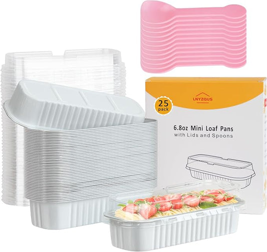 LNYZQUS 6.8oz Mini Loaf Pans with Lids 25 Pack, Foil Mini Cake Tins Small Baking Cups for Bread Loaves, Disposable Muffin Tins Individual Cupcake Containers for Bake Sale Wedding -White