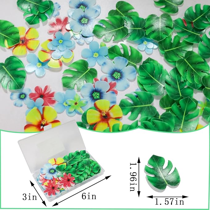 83pcs Edible Tropical Turtle Leaves Flower Cupcake Toppers Wafer Paper Palm Leaf Flower Cake Topper Edible Cake Decoration for Hawaii Aloha Jungle Summer Theme Wedding Birthday Baby Shower