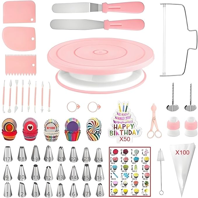 ANSLYQA Cake Decorating Kit, 298 Pcs Baking Tools (Pink) | Cake Turntable, Leveler, 24 Numbered Icing Tips, 2 Spatulas, 8 Carved Pens, 100 Pastry Bags, 100 Cupcake Liners & More