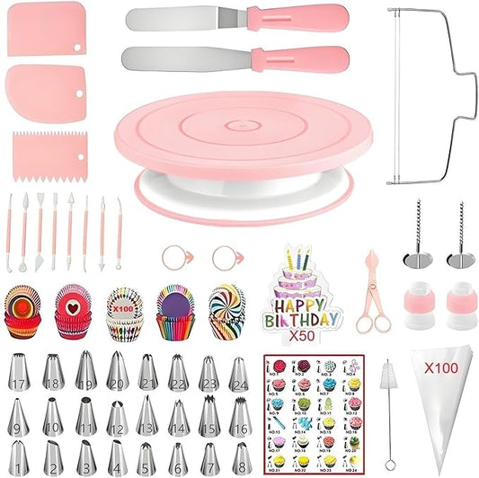 ANSLYQA Cake Decorating Kit, 298 Pcs Baking Tools (Pink) | Cake Turntable, Leveler, 24 Numbered Icing Tips, 2 Spatulas, 8 Carved Pens, 100 Pastry Bags, 100 Cupcake Liners & More