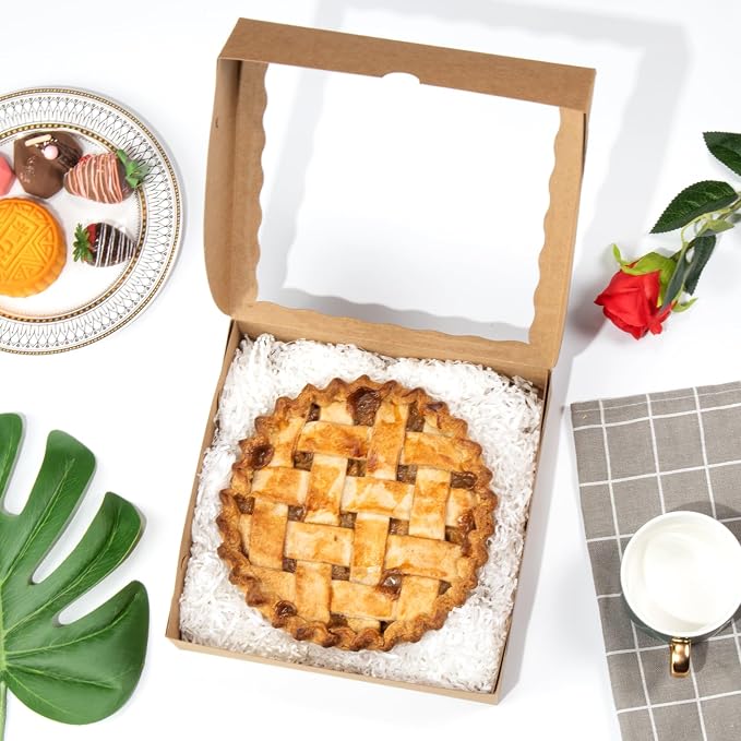 TEMLQPACK 50pcs 9x9x2.5 Inch Brown Bakery Boxes with Window, Pie, Cookies, Chocolate Covered Strawberries, Breakable Heart, Charcuterie Boxes for Christmas
