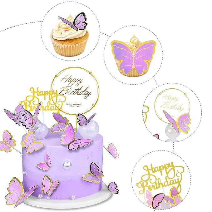 60Pcs Butterfly Cupcake Topper Purple Gold, Lively 3D Butterflies with 2Pcs Happy Birthday Topper for Cake Decor Birthday Anniversary Kids Wedding Girl Women Party Wall Food Decorations,Mixed Size