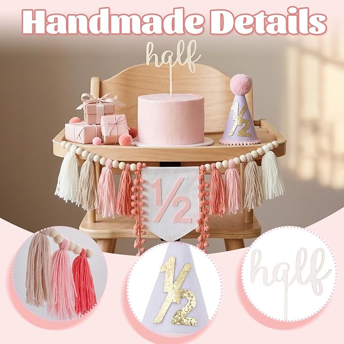 CWK Half Birthday Decorations for Baby, 1/2 Birthday High Chair Banner with Cone Hat & Cake Topper, Half Way to One Party Kit, Photo Props for 6 Month Baby Birthday(Pink)
