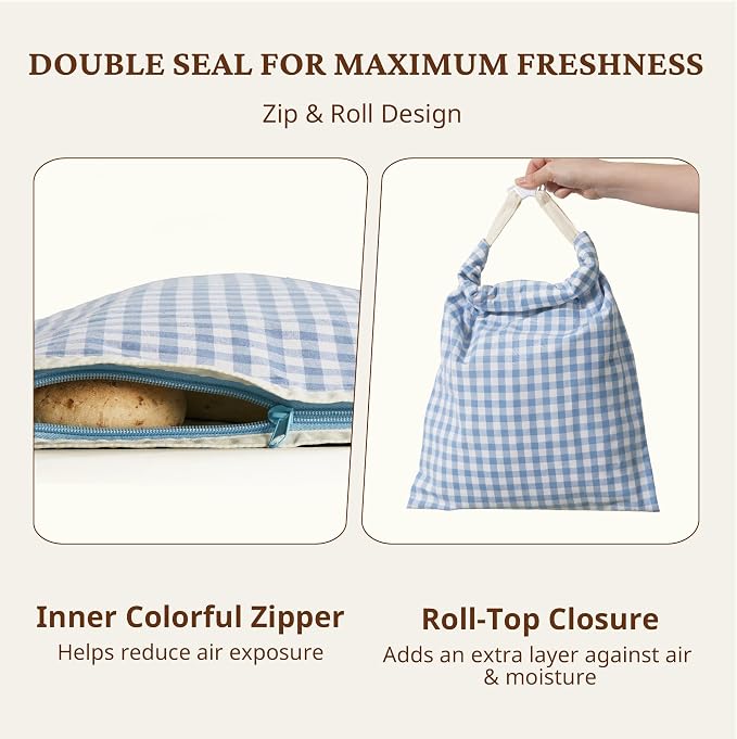 BRONYPRO Reusable Beeswax and Linen Bread Bags with Zipper, 2-Pack Waxed Bread Bags for Homemade Bread & Sourdough, Sustainable Loaf Storage to Lock in Freshness, Large 17x12.6in, Blue Gingham