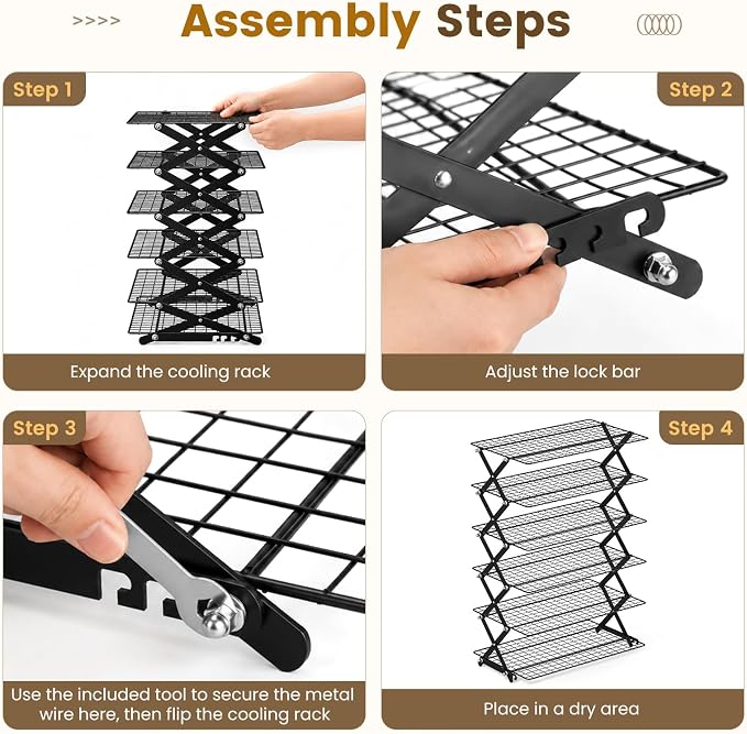 6 Tier Collapsible Cooling Rack for Baking Cookies Bread Barbecue | Include 50 Baking Papers, 4-Level Adjustable Height, 3 Setting Design, Stackable Roasting Rack, X-Shaped Structure