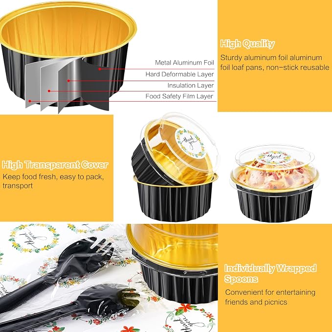 30Pcs Mini Cake Pans with Lids Aluminum Foil, ZOXILEN 5oz Disposable Mini Loaf pans with Lids Spoons, Round Small Baking Cups Pie Tins Cheesecake Containers for Party Black Gold
