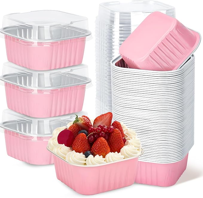 60Pack 5oz Pink Mini Cake Pans with Lids Baking Cups Aluminum Foil Pans Tins, Individual Dessert Cups Containers for Sales,Party,Picnics