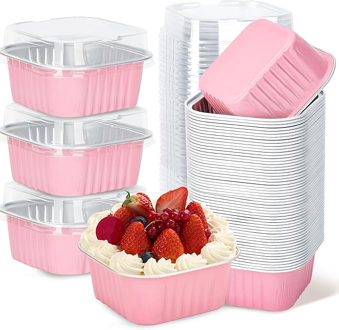 200Pack 5oz Pink Mini Cake Pans with Lids Baking Cups Aluminum Foil Pans Tins, Individual Dessert Cups Containers for Sales,Party,Picnics