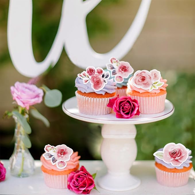 40Pcs Edible Pink Flowers Blossom Cupcake Toppers Spring Flower Edible Cupcake Toppers Floral Drink Topper for Spring Baby Shower Floral Wedding Girls Birthday Mother's Day Cupcake Decorations