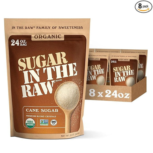 Sugar In The Raw Organic Granulated White Premium Cane Sugar, No Erythritol, Pure Natural Sweetener, Hot & Cold Drinks, Coffee, Baking, Vegan, Gluten-Free, Non-GMO, Bulk Sugar, 24 oz Bag (8-Pack)