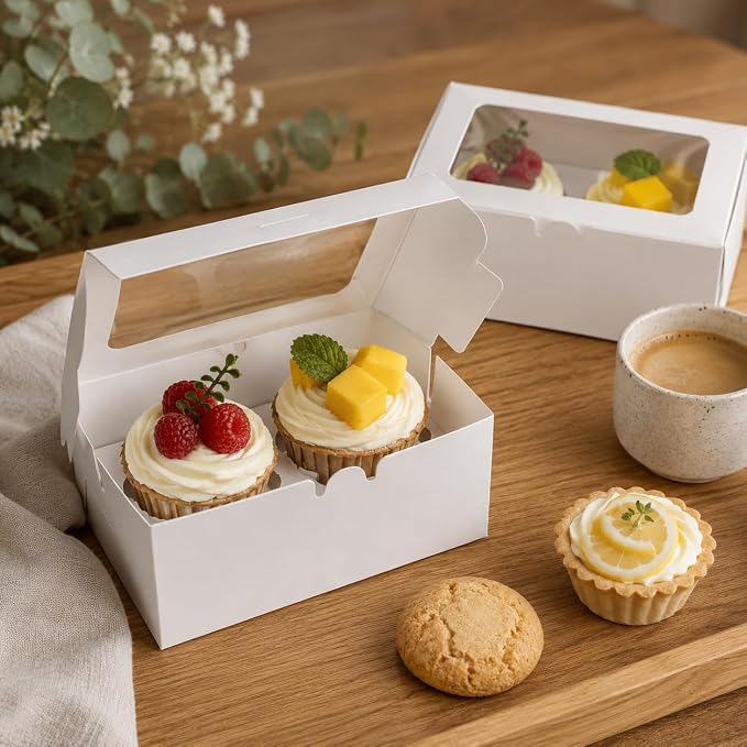 18 Pack White 2-Cavity Cupcake Boxes with Clear Window, 6.3 x 3.54 x 2.95 in Paper Treat Boxes with Inserts, 2-Cupcake Holders for Muffins, Cookies, Mini Cakes, Bakery Gifts and Parties
